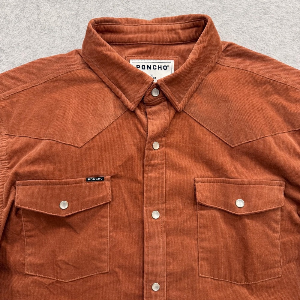Poncho Shirt Mens XL Slim Fit Burnt Orange Pearl Snap Corduroy Long Sleeve - Picture 2 of 13